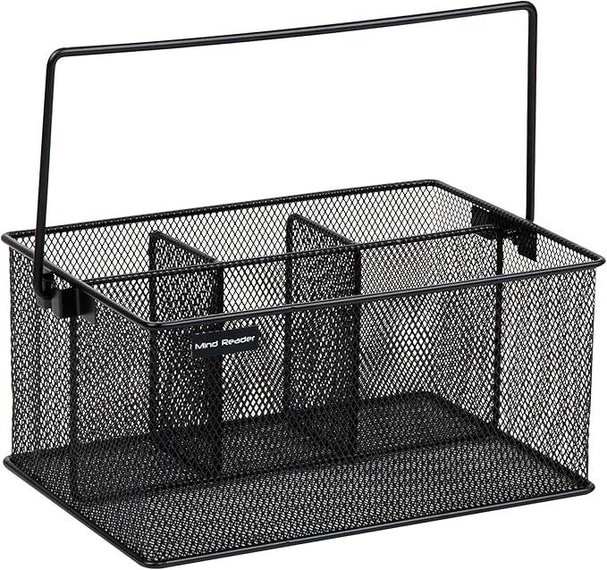 Mind Reader Multi-purpose Storage Caddy with Handle, Desktop Organizer, Cutlery Holder, 4 Compartments, Metal Mesh, Black - Image 5
