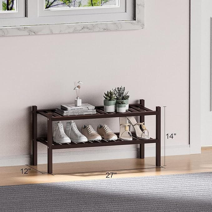 ROMGUAR CRAFT 2 Tier (Thick) Bamboo Shoe Rack for Closet Free Standing Wood Shoe Shelf for Entryway Small Space Stackable 27"x12"x14" (Black Brown) - Image 3