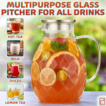Premium Borosilicate Glass Pitcher with Lid and Spout - 2 Liter / 68 oz, Borosilicate Glass with Handle - Carafe for Hot/Cold Beverages - Water Jug - Iced Tea Pitcher - Juice Server
