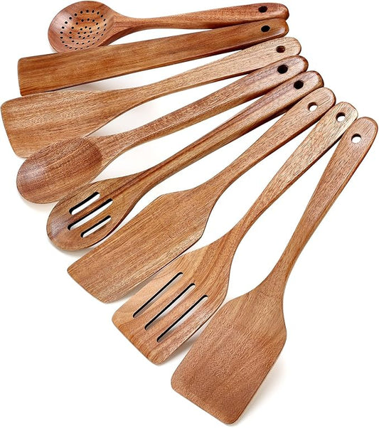 8 Pcs Best Non Toxic Kitchen Utensil Set Teak Wooden Cooking Spoons Nonstick Flat Slotted Turner Spatula Bamboo Wood Serving Utensils for Cooking Egg Spatulas for Kitchen Use Tools Slotted Pasta Spoon