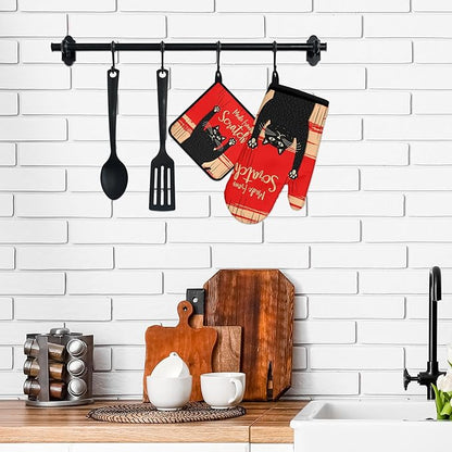 Funny Cat Oven Mitts and Pot Holders Sets Red Black Kitchen Decor Cute Cat Kitchen Accessories Funny Cat Gifts House Warming Birthday Cooking Gifts for Women (Red, Oven Mitts & Pot Holders)