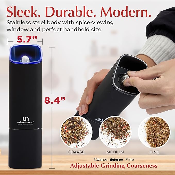 Automatic Salt and Pepper Grinder Set - Rechargeable Electric Salt and Pepper Shakers with Adjustable Coarseness, LED Light, One-Handed Use, Gravity Salt Grinder and Electric Pepper Mill - Image 5