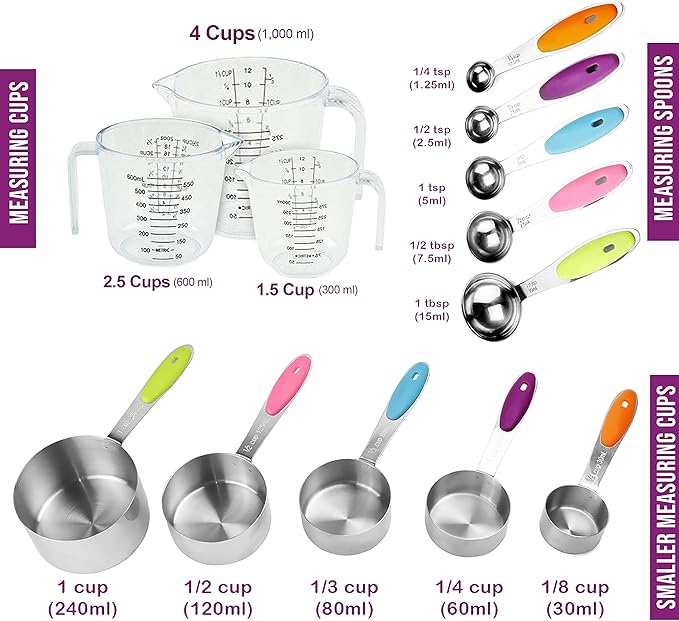 Measuring Cups and Spoons Set 13 Piece. Includes 10 Stainless Steel Measuring Spoons and Cups Set and 3 Plastic Measuring Cup. Liquid Measuring Cups Set and Dry Metal Measuring Cup Set - Image 2