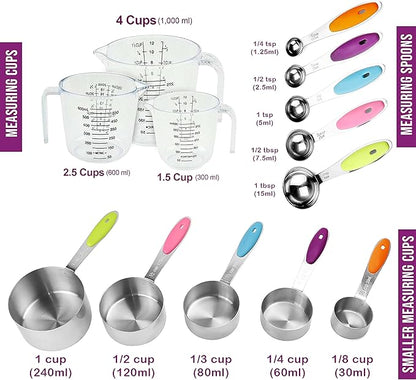 Measuring Cups and Spoons Set 13 Piece. Includes 10 Stainless Steel Measuring Spoons and Cups Set and 3 Plastic Measuring Cup. Liquid Measuring Cups Set and Dry Metal Measuring Cup Set - Image 2