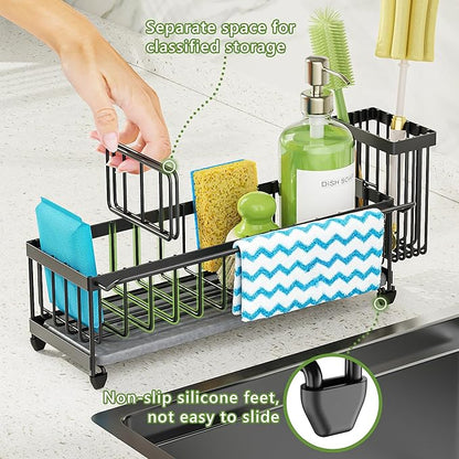 Cisily Large Sink Caddy Organizer with Towel Holder, Quick Dry Sponge Holder for Kitchen, Black Dish Brush Holder for Countertop, Kitchen Decor Storage and Essentials - Image 6