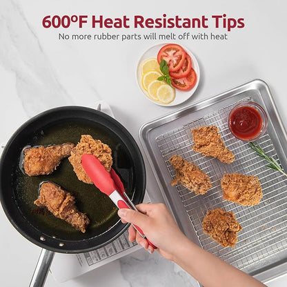 600ºF Heat Resistant Kitchen Tong: U-Taste 7 inch Silicone Cooking Tong with Firm Sealed Non Stick Rubber Tips & Silicon Coated 18/8 Stainless Steel Handle & Smooth Locking for Serving Salad (Red) - Image 3