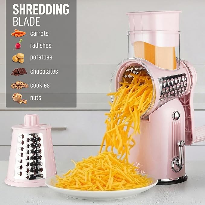 Zulay Kitchen Rotary Cheese Grater 5 Blade Cheese Shredder - Manual Hand Crank Cheese Grater With Reinforced Suction & 5 Interchangeable Drums - Easy to Use, Vegetable Chopper Round Mandoline Slicer - Image 3