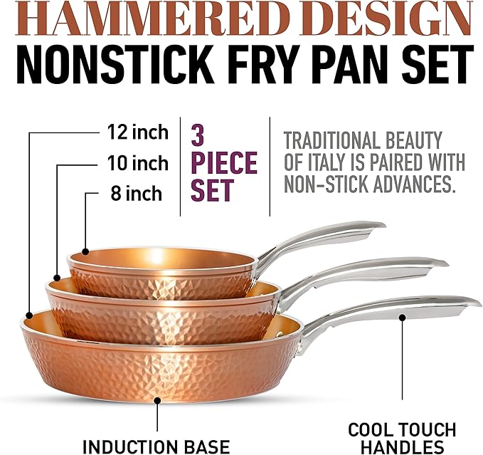 Gotham Steel Hammered Frying Pan Set, 3 Piece Nonstick Copper Fry Pans, 8”, 10” & 12” Skillet, Omelet Pan, Cookware, PFOA Free, Dishwasher Safe, Cool Touch Handle - Image 5