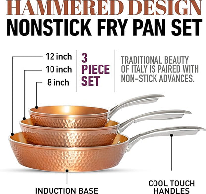 Gotham Steel Hammered Frying Pan Set, 3 Piece Nonstick Copper Fry Pans, 8”, 10” & 12” Skillet, Omelet Pan, Cookware, PFOA Free, Dishwasher Safe, Cool Touch Handle - Image 5
