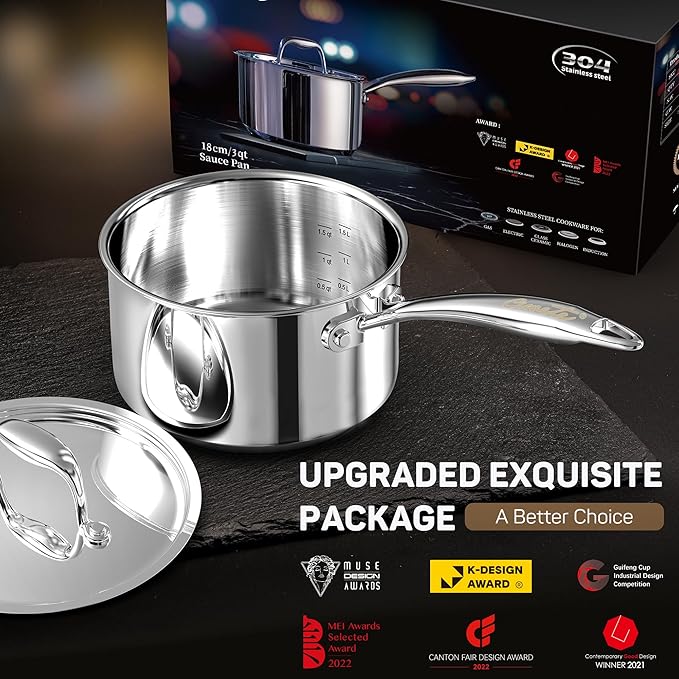 Ciwete 3 Qt Saucepan with Lid - Upgraded Package - 3 Quart 18/10 Stainless Steel Sauce Pan with Mirror Polishing and 2 Sacles, Induction Cookware, Small Pot for Cooking, Dishwasher Safe Oven Safe - Image 4