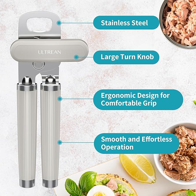 Ultrean Manual Can Opener Bottle Opener, Heavy Duty Stainless Steel Smooth Edge Manual Hand Held Can Opener With Soft Touch Handle, Rust Proof Oversized Handheld Easy Turn Knob (Light Gray) - Image 2