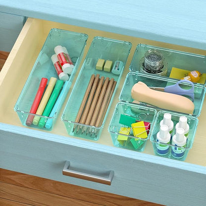 WOWBOX 12 Pack Clear Drawer Organizer Set, Acrylic Drawer Storage Trays, Storage Bins for Makeup, Cosmetics, Jewelries, Utensils, Gadgets, Office, Sea Blue - Image 6