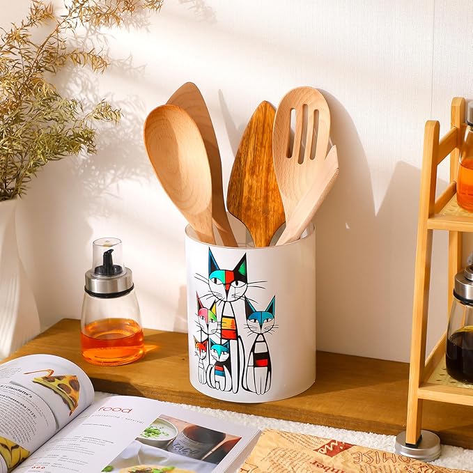 WILLBOND Cat Kitchen Decor Acrylic Kitchen Utensil Holder Crock Spoon Organizer for Countertop Cat Table Decor Coffee Spoon Holder Jar for Cooking Tools