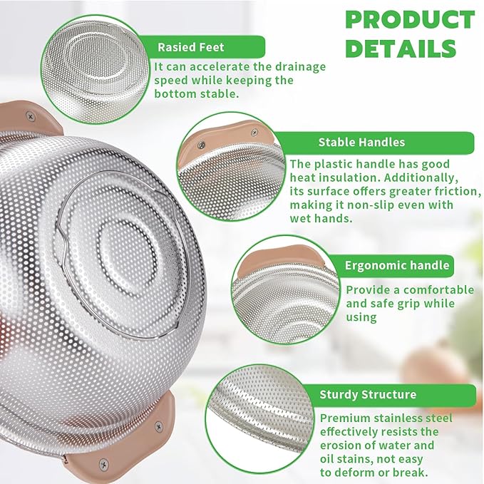 Colander Set with Plastic Handles, Stainless Steel Micro-Perforated Colanders Strainers for Draining Rinsing Washing, Ideal for Pasta Vegetables Fruits, Heavy Duty & Dishwasher Safe - Image 4