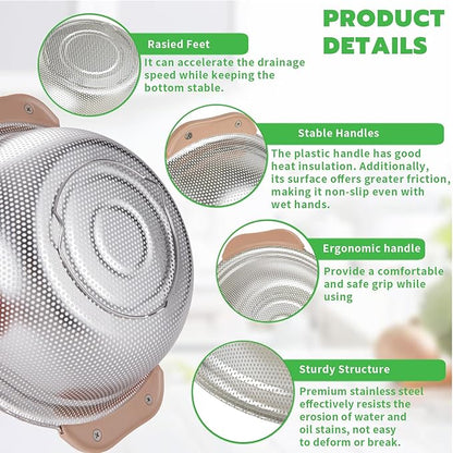 Colander Set with Plastic Handles, Stainless Steel Micro-Perforated Colanders Strainers for Draining Rinsing Washing, Ideal for Pasta Vegetables Fruits, Heavy Duty & Dishwasher Safe - Image 4