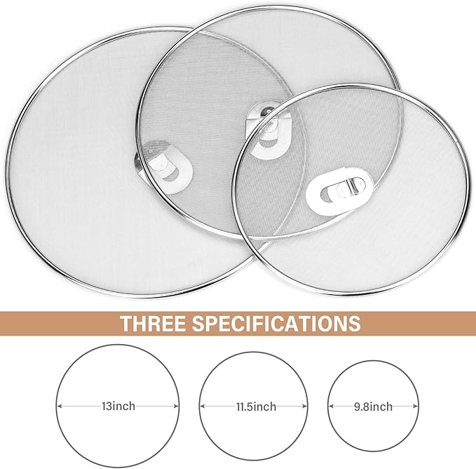 3 Pack Splatter Screen for Frying Pan 13" 11.5" 9.8" Stainless Steel Grease Splatter Guard Ultra Fine Mesh Lids with Fold Flat Knob Set for Prevent Oil Splatter - Image 2