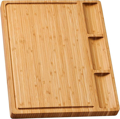 Large Bamboo Wood Cutting Board for Kitchen, Cheese Charcuterie Board with 3 Built-in Compartments and Juice Grooves, Butcher Block (17x12.6") by ALLSUM