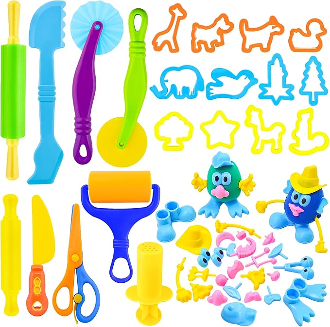 Dough Tools for Kids,47-Piece Kids Clay and Dough Tool Kit– Includes Roller, Rolling Pins, Cutting Tools, Safe Scissors, Plastic Knife & Dough Character Accessories