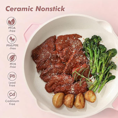 SENSARTE Nonstick Ceramic Skillet with Lid 11-inch, 4.5QT Non Toxic Deep Frying Pan, Saute Pan with Lid, Stay-cool Handle, Healthy Cooking Pot, Induction Compatible, Pink - Image 2