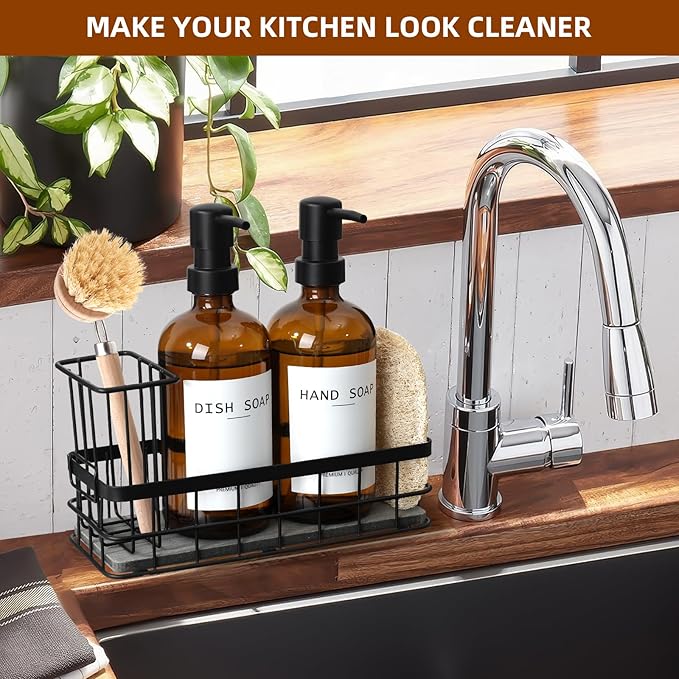Dish Soap Dispenser for Kitchen, 16.9 fl oz Amber Hand and Dish Soap Dispensers, Kitchen Soap Dispenser Set with Sponge Holder, Brush Holder and Loofah Sponge, Countertop Sink Organizer Accessories - Image 7