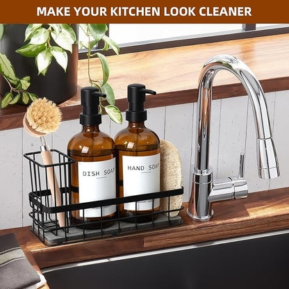 Dish Soap Dispenser for Kitchen, 16.9 fl oz Amber Hand and Dish Soap Dispensers, Kitchen Soap Dispenser Set with Sponge Holder, Brush Holder and Loofah Sponge, Countertop Sink Organizer Accessories - Image 7
