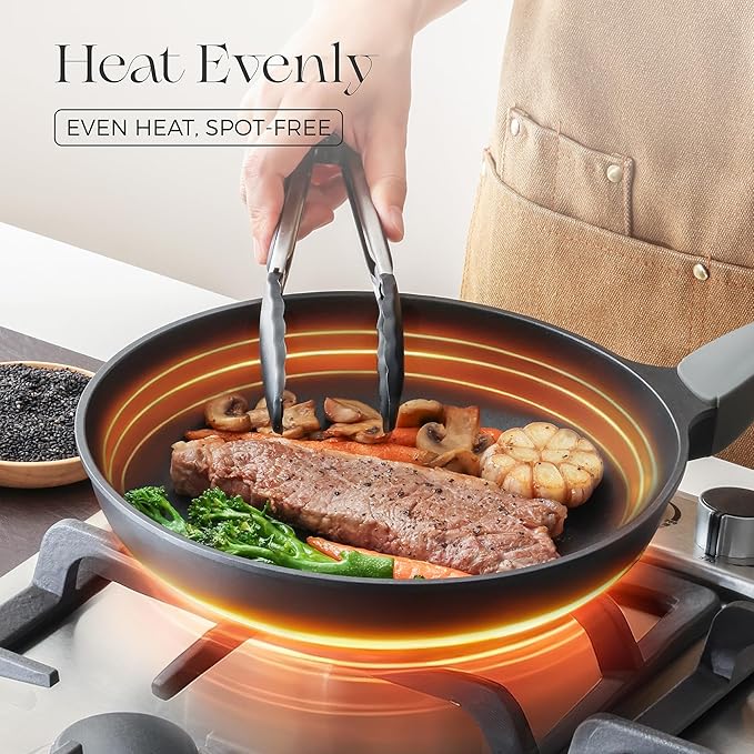 PRICUSIS Nonstick Frying Pan, 8/10/12 Inch Skillet with Stay Cool Handle, Fully Coated, Induction Compatible & Oven Safe, 100% Dishwasher Safe, PFOA Free（10 Inch, Black Sesame）