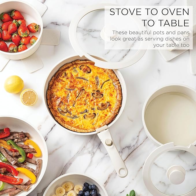 Country Kitchen Cookware Set with Removable Handle, Oven & RV Safe Pots and Pans Set, Cream, Deluxe Larger Set - Image 6
