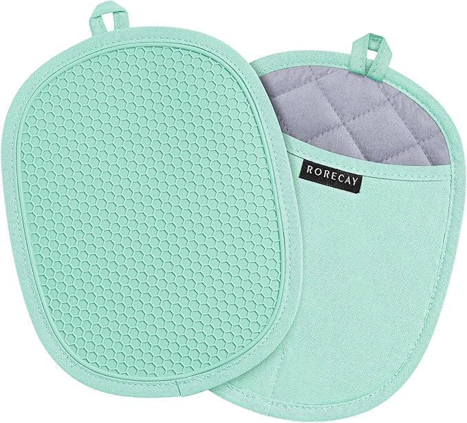 2-Pack Silicone Pot Holders for Kitchen Heat Resistant up to 500°F, Non-Slip Large Hot Pads with Pocket, Quilted Liner Trivets for Countertops Hot Pots and Pans (Bermuda Teal) by Rorecay