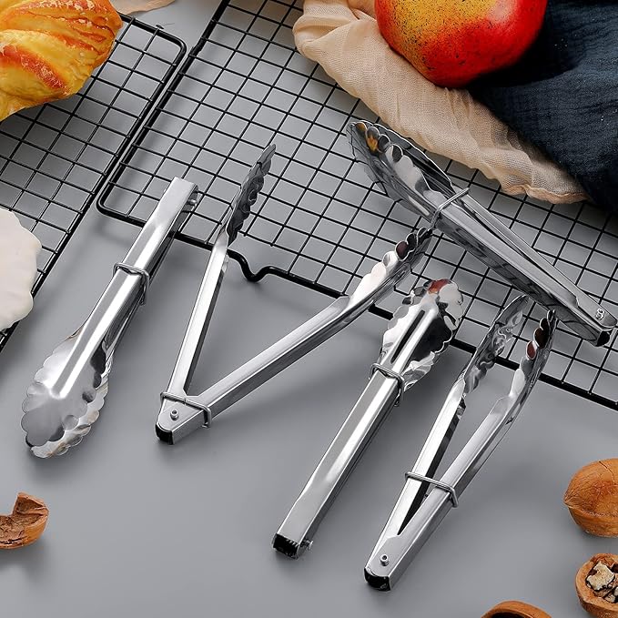 Meanplan 50 Pcs Small Stainless Steel Kitchen Tongs 7 Inch Food Serving Tongs Metal Cooking Clips High Heat Resistant Clips with Sliding Rings for Buffet Food Cooking Salad Grilling, Silver - Image 7