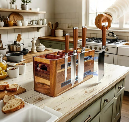 Wooden Kitchen Utensil Holder Organizer for Counter or Countertop, Large Wooden Utensil Holder 4 Compartment, Acacia Wood Container Extra Large.with Strong Magnets Multifunctional Storage Knife Holder - Image 8