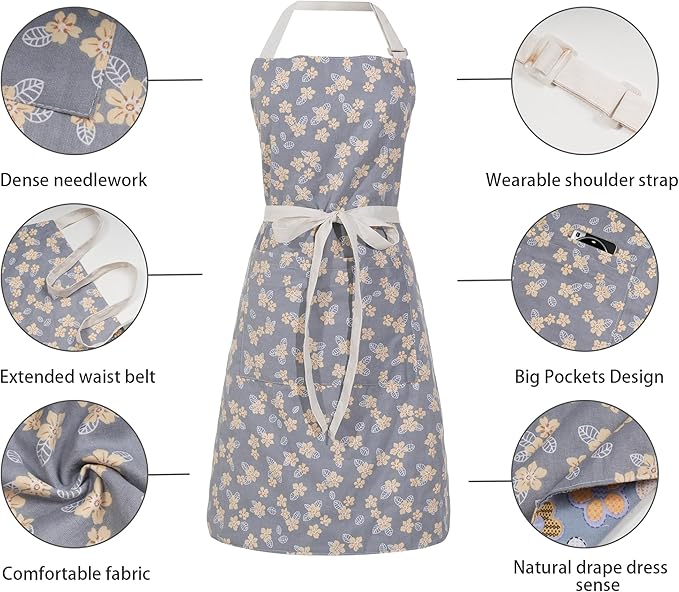 Aoomzoon Kitchen Aprons for Women with 2 Pockets,Double Sided Vintage Adjustable Apron for Gardening Cooking Arting Painting - Image 4