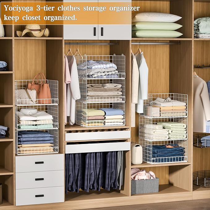 Yociyoga Closet Organizers and Storage Basket- 3-Tier Stackable Storage Bins, Foldable Closet Shelf Organizer Basket, Stackable Clothes Organizers Shelves for Home Organizer System(Patent 30022416) - Image 5
