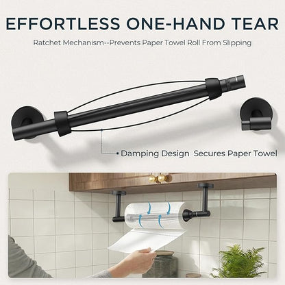 FORIOUS Paper Towel Holder Under Cabinet, SUS304 Wall Mounted Commercial Paper Towel Holder, One-Handed Tear Hanging Paper Roll Holder with Ratchet Mechanism for Kitchen Bathroom Matte Black