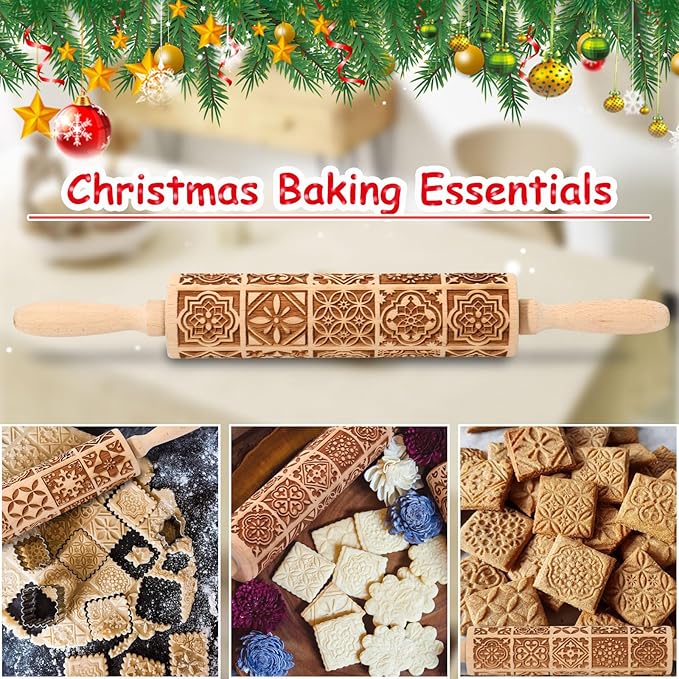 Christmas Embossed Rolling Pin for Baking Cookies Embossing Rolling Pins with Design Wooden Engraved Springerle Roller Pin Dough Patterned Clay Pottery Ceramic Bakers Women (Vintage Square Patterns)