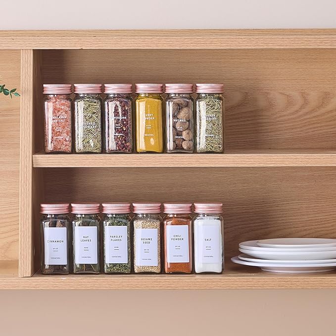 36 Pcs Glass Spice Jars with Labels and Pink Metal Caps, 4oz Empty Spice Containers with Shaker Lids, Funnel, Pen,Seasoning Storage Bottles for Spice Rack, Cabinet, Drawer - Image 6