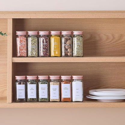 24 Pcs Glass Spice Jars with Labels and Pink Metal Caps, 4oz Empty Spice Containers with Shaker Lids, Funnel, Pen,Seasoning Storage Bottles for Spice Rack, Cabinet, Drawer - Image 6
