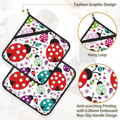 Ladybug Flower Pot Holder Set of 2,Heat Resistant Potholders Oven Hot Pads for Kitchen Cooking Baking BBQ