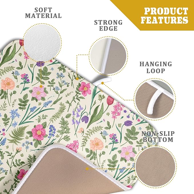 Spring Floral Dish Drying Mat for Kitchen Counter 16x18 Pink Sage Green Flower Vintage Botanical Print Absorbent Reversible Microfiber Drying Mats Kitchen Countertop Protector Dishes Drainer Rack Pad - Image 4