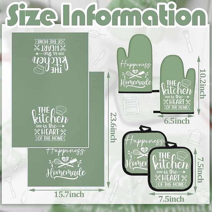 Sratte 6 Pcs Kitchen Decor Accessories Set Farmhouse Towels Pot Holders Oven Mitts Set 2 Dish Towels 2 Potholders 2 Cooking Mittens Oven Glove for Christmas Baking Cooking Supply(Sage Green,Kitchen) - Image 4