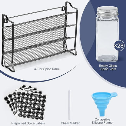 AOZITA Spice Rack Organizer with 28 Empty Spice Jars with Silver Lids, Funnel, Labels - Seasoning Organizer for Countertop, Cabinet, Kitchen, Pantry - Image 2