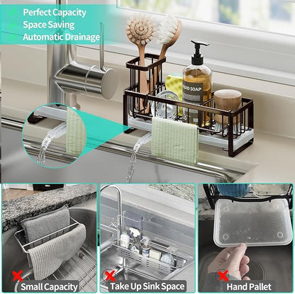 HapiRm Sponge Holder for Kitchen Sink - Self-draining Sink Caddy with Brush and Dishcloth Holders, Stainless Steel Kitchen Organizer for Countertop - Bronze - Image 7