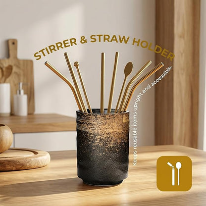 Ceramic Spoon Holder for Coffee Bar, Upright Tea Spoon Holder Cup, Coffee Stirrers Straws Stir Stick Holder, Red Strips - Image 7