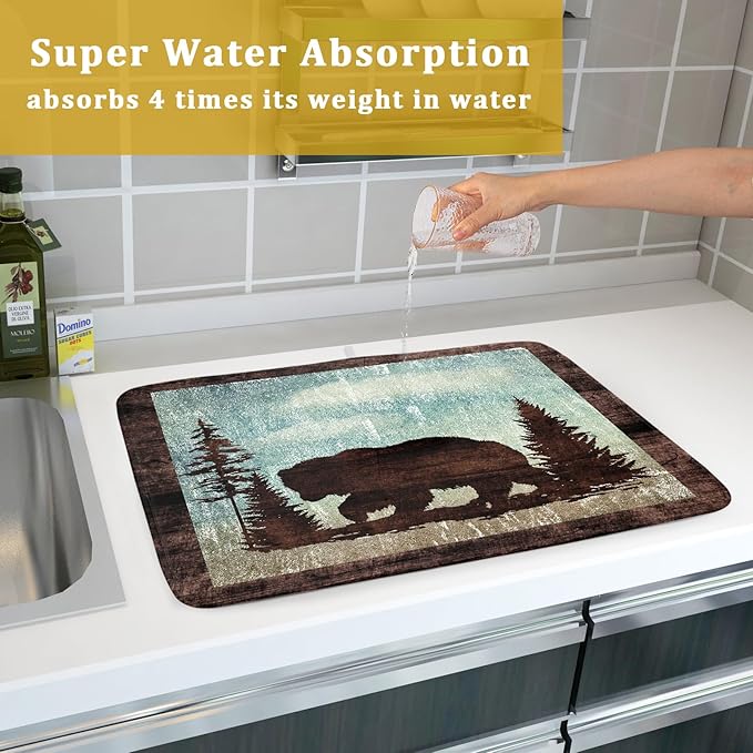 Giwawa Retro Brown Bear Forest Cabin Dish Drying Mat Countertop 18x24 Fall Blue Sky Cloud Cartoon Wild Animal Bushes Drainer Mat Pine Tree Grass Dishes Pad Rustic Floral Dish Drainer Rack Wildlife