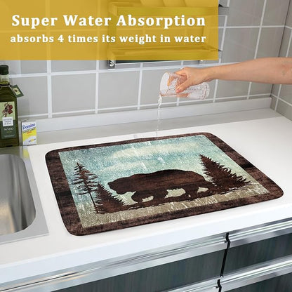Giwawa Retro Brown Bear Forest Cabin Dish Drying Mat Countertop 18x24 Fall Blue Sky Cloud Cartoon Wild Animal Bushes Drainer Mat Pine Tree Grass Dishes Pad Rustic Floral Dish Drainer Rack Wildlife