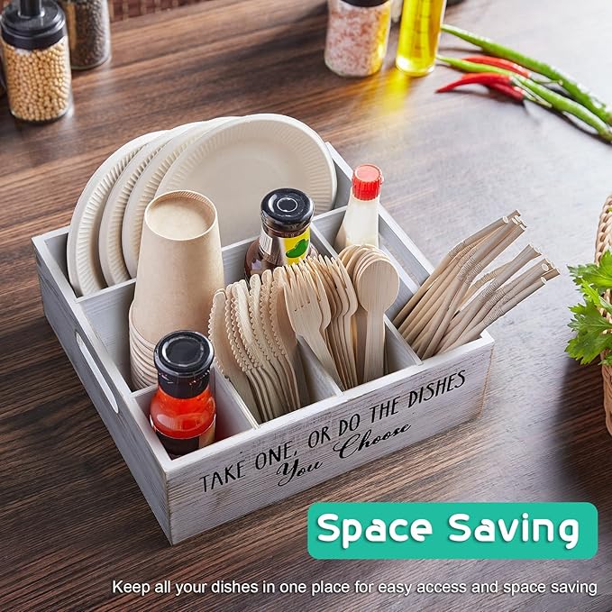 ALELION Rustic White Plate and Utensil Caddy, 6-Compartment Paper Plate and Cutlery Holder with Handles, Kitchen and Party Organizer for BBQs, Picnics, and Gatherings - Image 6
