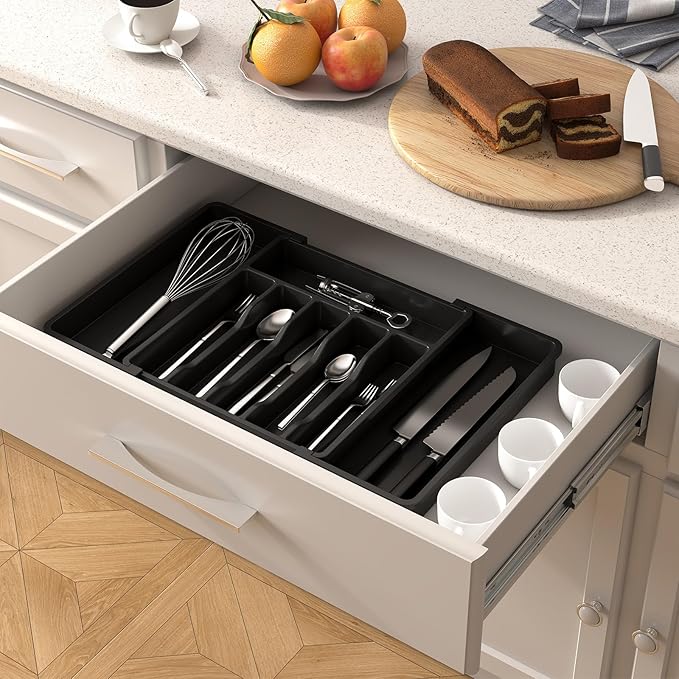 Lifewit Silverware Drawer Organizer, Expandable Utensil Tray for Kitchen, BPA Free Flatware and Cutlery Holder, Adjustable Plastic Storage for Spoons Forks Knives, 13-22 x 15", Black - Image 8