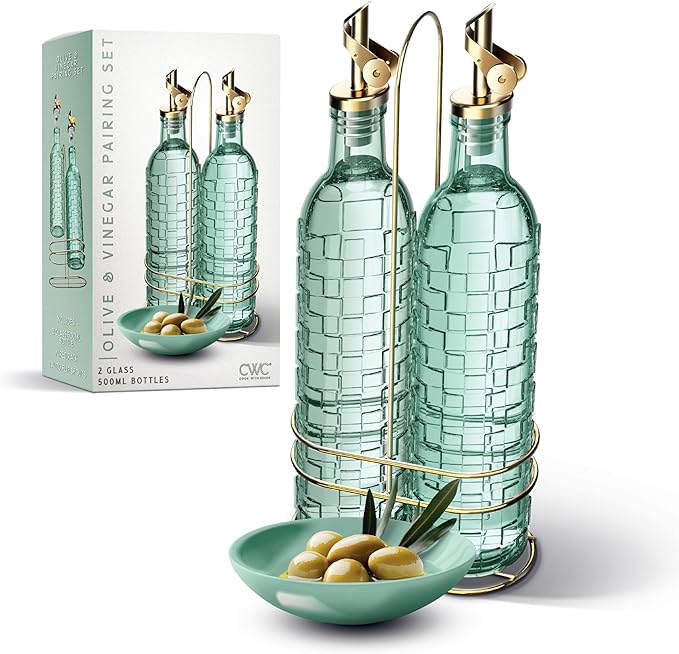 COOK WITH COLOR Glass Olive Oil Bottle Dispenser - 2 Pack- 17oz Oil and Vinegar Cruet - Olive Oil Carafe Decanter for Kitchen, Checkered, Green by CookwithColor