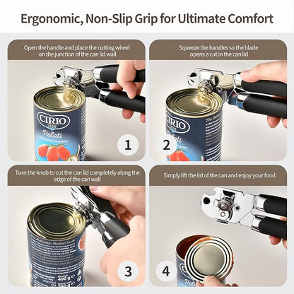 Heavy Duty Stainless Steel Smooth Edge Manual Can Opener and Bottle Openers, Soft Ergonomic Handle, Oversized Handheld Easy Turn Knob, Multifunctional Kitchen Tool, Black ﻿