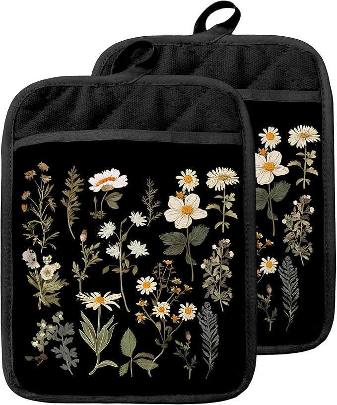 Dark Floral Botanical Pot Holders with Pockets, Cottage Core Kitchen Decor, Rustic Daisy Flower Plant Oven Pot Holders Heat Resistant Oven Mitts Hot Pads for Kitchen Baking Cooking