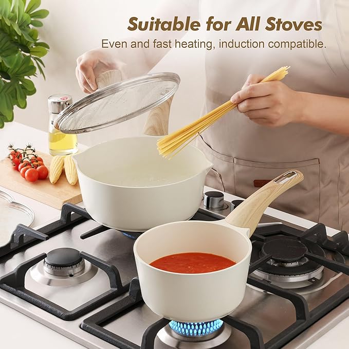 SENSARTE Ceramic Nonstick Sauce Pan with Lid, 1.5 Quart Small Saucepan, White Cooking Pot with Stay Cool Handle, Non toxic Kitchen Sauce Pot, Non stick Saucier Pan, Induction Pot, PFOA PTFE PFAS Free - Image 4